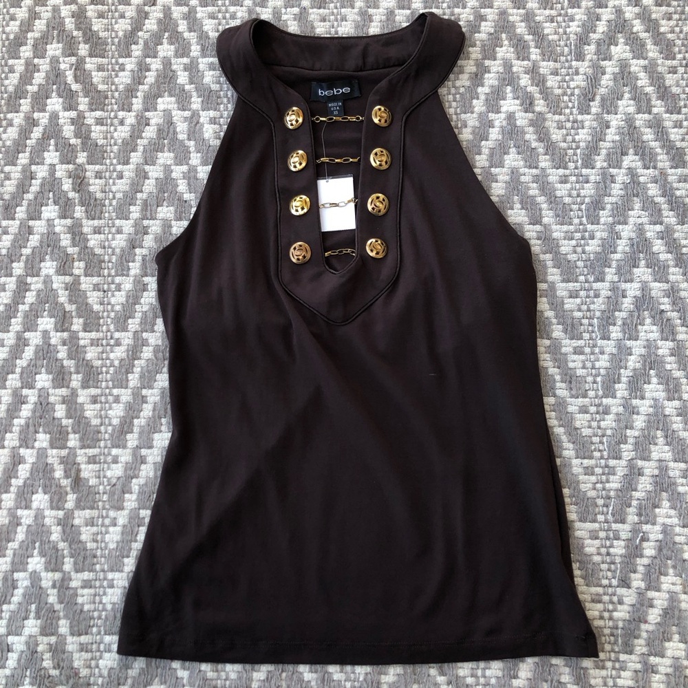 Bebe brown sleeveless top with gold button and chain detail size XS